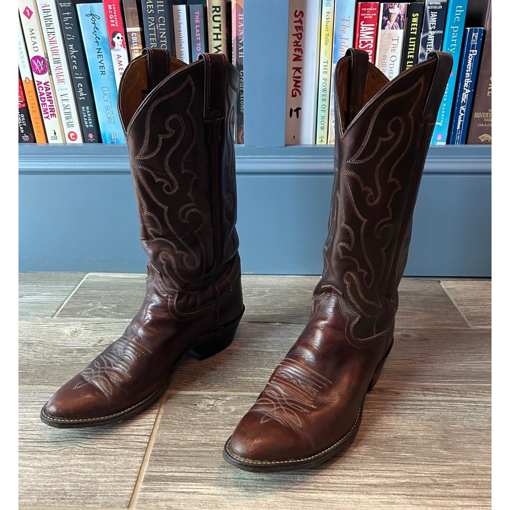 Justin Brown Leather Western Cowboy Boots Tall Stitched Almond Toe Mens 10.5